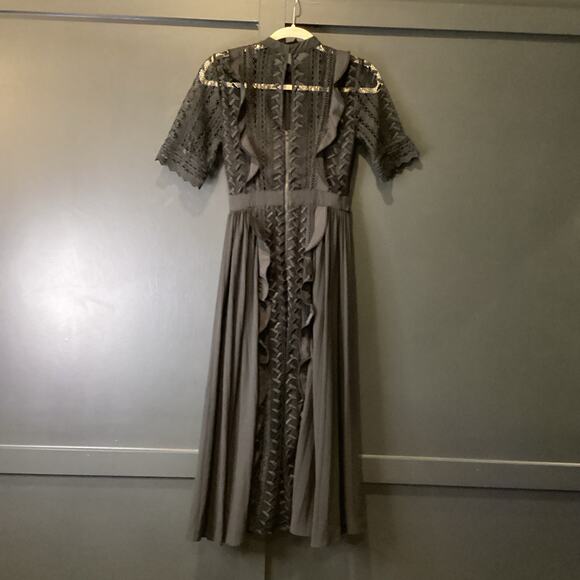 Self Portrait Geometric Black Lace Midi Dress short sleeve ruffle accents 2 - Picture 10 of 12